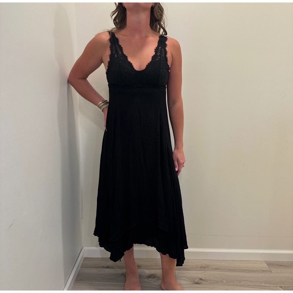 Free People Adella Maxi Dress Black Lace Bralette Gauze Witchy BOHO